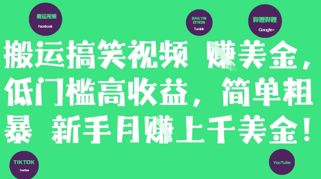 搬运搞笑视频挣美金，低门槛高收益，简单粗暴新手月入上千美刀牛牛资源网-专注分享网络创业项目落地实操课程 – 全网首发_高质量创业项目输出牛牛资源网