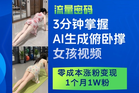 3分钟掌握AI生成俯卧撑女孩视频，零成本涨粉变现，1个月1W粉牛牛资源网-专注分享网络创业项目落地实操课程 – 全网首发_高质量创业项目输出牛牛资源网